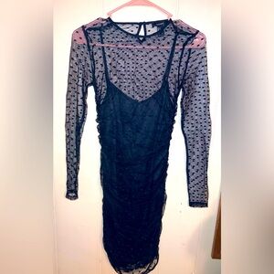 Black Forever 21 Sheer Lace Long Sleeve Overlay with Solid Tank Dress Beneath